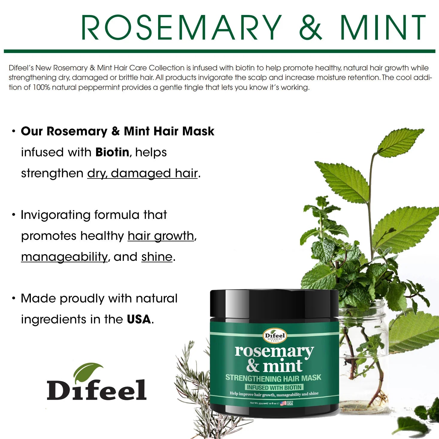 Difeel Rosemary & Mint Strengthening Hair Mask Infused with Biotin 12oz